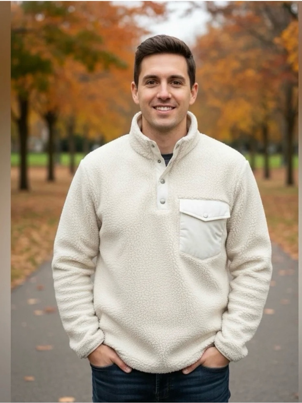 NWT Magaschoni Ivory Sherpa Snap-Button Fleece Pullover Sweater Cream size M